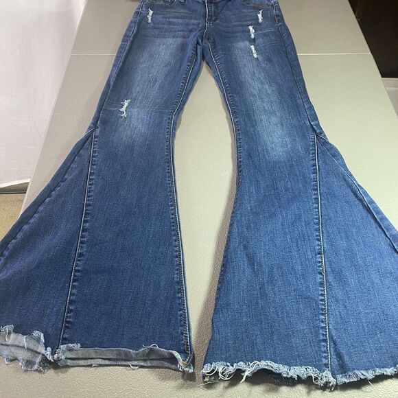 LUCKY & BLESSED Jeans Super Flare Bell Bottom Mid Rise Distressed Womens 8 Blue - Picture 8 of 11